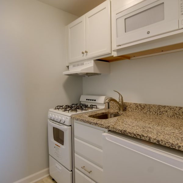 Castle South kitchen with microwave, mini fridge, oven, sink, and cabinet space