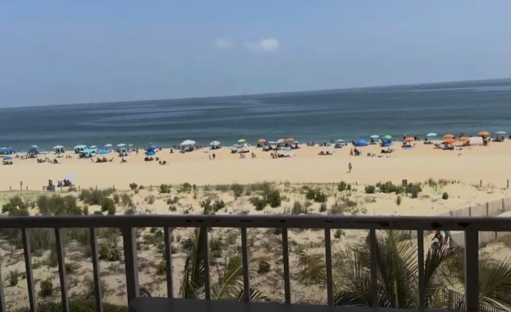 a view of a beach from a balcony