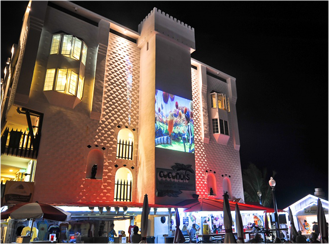 a crowd of people standing outside of a building at night