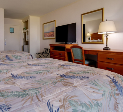 a hotel room with two beds and a television