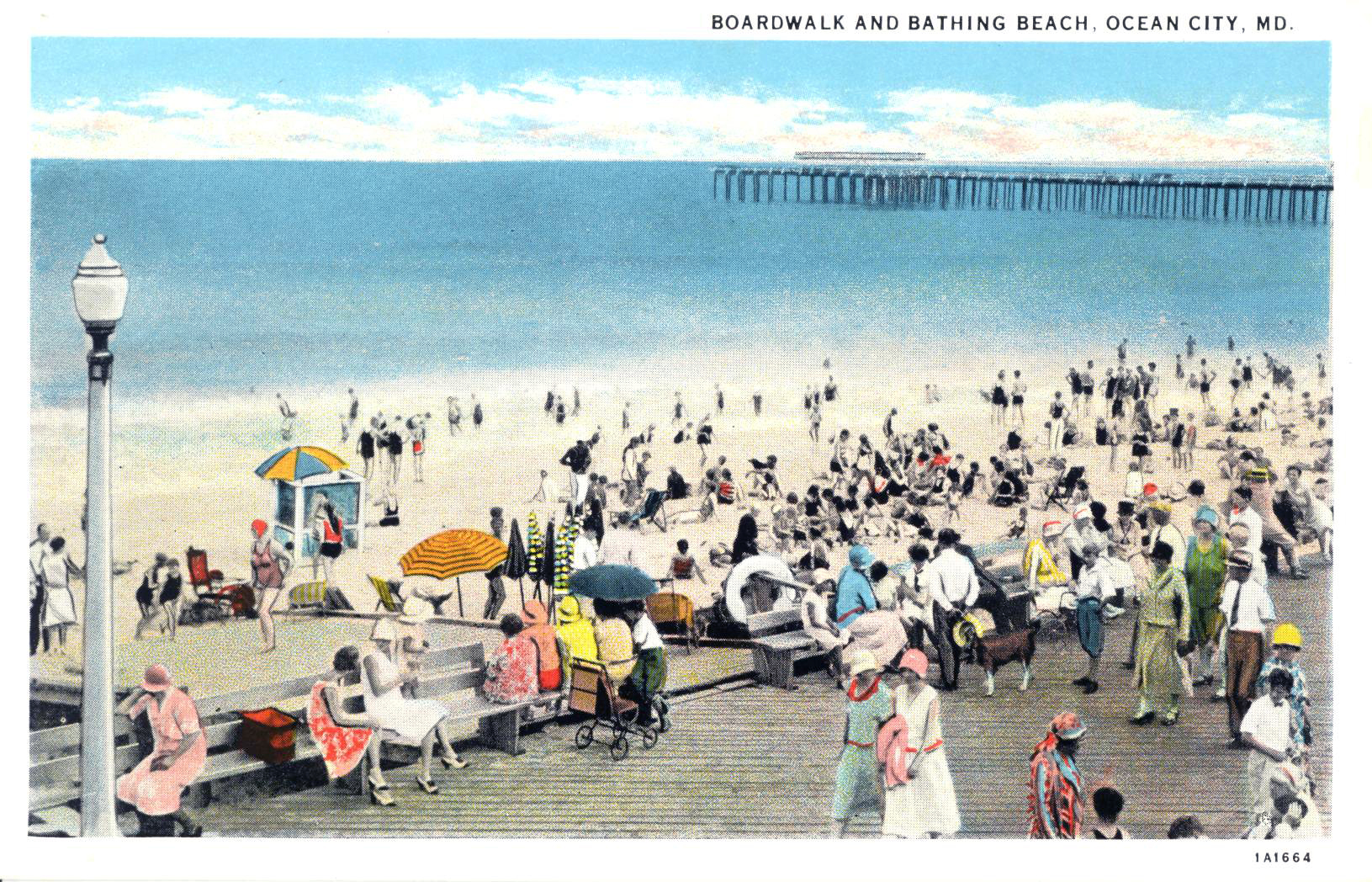 a painting of a crowded beach with a pier in the background